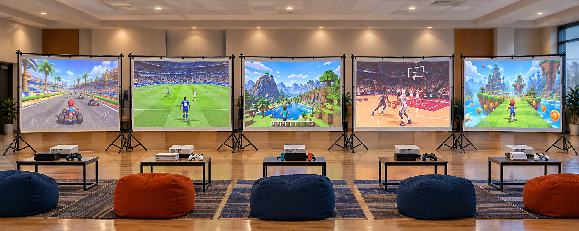 Indoor gaming lounge concept with five projection screens